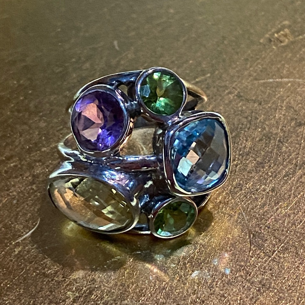FINAL PRICE Chunky Indonesian Sterling Silver multi gem ring 7.5, stunning!